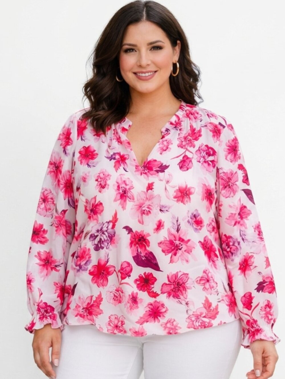 Women XXL Pink Floral V-Neck Blouse Cottagecore Maximalist Coquette Chiffon Top